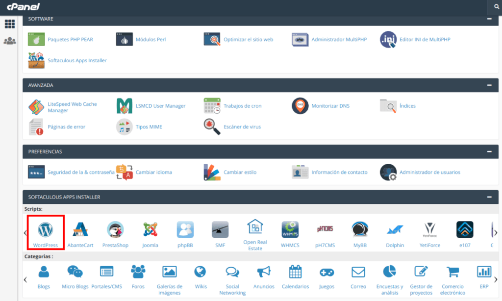 instalar wordpress cpanel